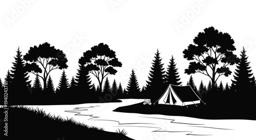 A serene lakeside camping scene with a dark striking silhouette