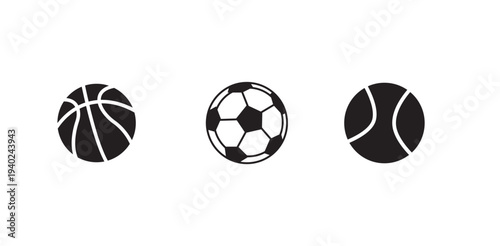 Minimalist black and white sports ball icon set featuring basketball soccer and tennis ball vector graphics for branding
