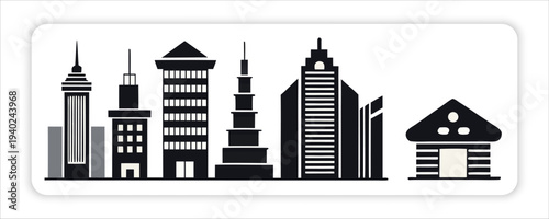 World landmarks in line art big city silhouette featuring iconic urban architecture, towers, 
and European landmarks like London and Paris buildings in a modern travel skyline design 