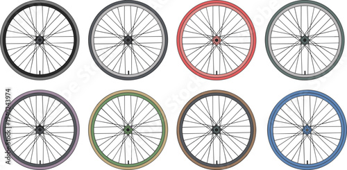 Bicycle wheel set with different tire colors isolated on white background, detailed bike wheel illustration collection, cycling equipment design elements for sports themes