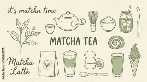 Matcha tea and latte illustration set with various green tea products and ingredients for a healthy lifestyle and Japanese culture