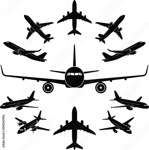 WebBlack airplane silhouette set, commercial aircraft icons, passenger jet collection, aviation vector silhouettes, flying planes circle, airline industry transport symbols.
