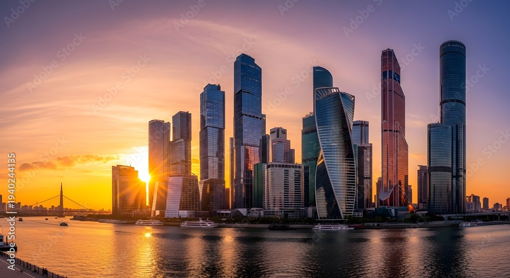 Fototapeta premium City skyline panorama at sunset with modern skyscrapers and river