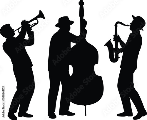 Jazz band musician silhouettes playing trumpet, double bass and saxophone, classic jazz ensemble performers isolated on white background, live music performance concept