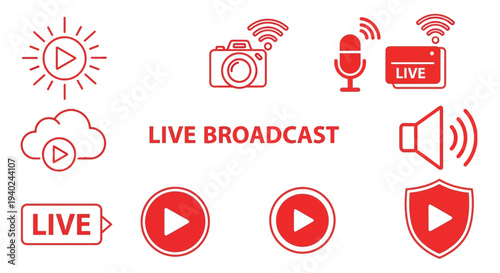 Red icons representing media and broadcasting with a sun silhouette