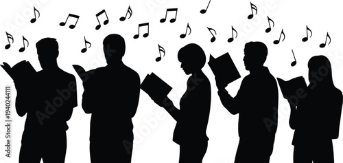 Choir singer silhouettes holding music books with floating musical notes, group vocal performance illustration, choral singing concept isolated on white background