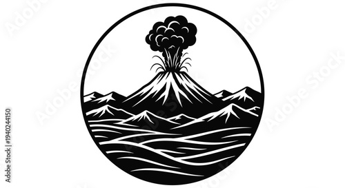Volcanic eruption scene inside a circular frame a dramatic silhouette
