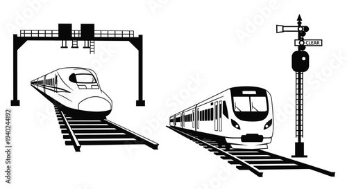 Trains passing under a gantry and by a signal black silhouette