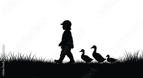 Child walking with ducks against a bright sky a dark silhouette