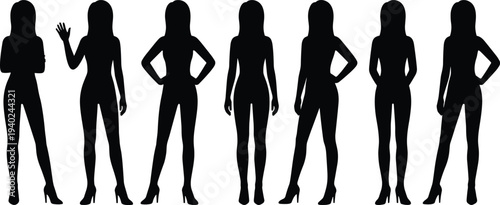 WebCollection of female silhouettes in various poses including waving and standing for fashion design and diverse lifestyle character vector sets.