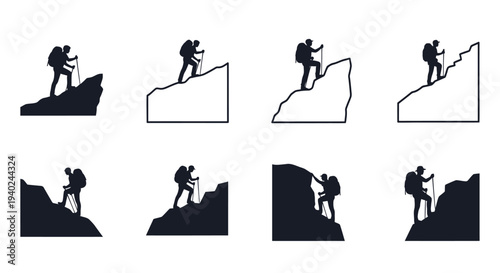 Hikers ascending mountains in various poses a black silhouette