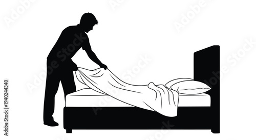 Man making a bed with a sheet simple black silhouette