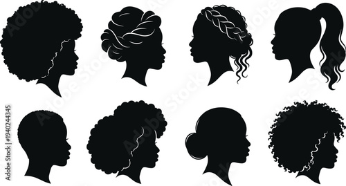 WebCollection of black woman profile silhouettes with diverse natural hairstyles including afro, braids, buns, and ponytails for beauty vector design.