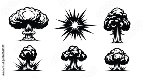 Dramatic explosion effects depicted in a stark graphic silhouette