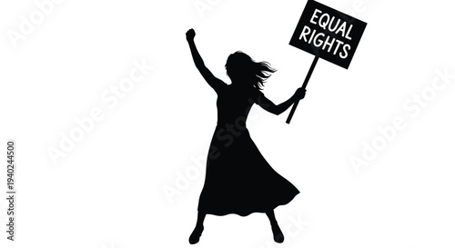 Woman protesting for equal rights with a raised sign silhouette
