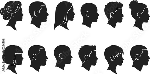 WebDetailed side profile silhouettes of diverse people, multiethnic men and women faces, variety of hairstyles and human head shapes vector,