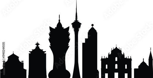 Macau skyline silhouette with famous casino towers and Macau Tower landmark, China city travel architecture vector illustration