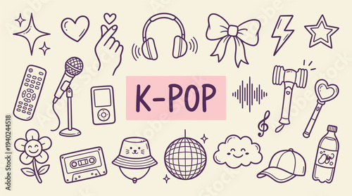 K-pop music concept with various icons and symbols, including microphones, headphones, and disco balls, representing the vibrant and energetic style of Korean pop culture and music.