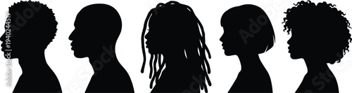 WebDiverse group of people head profile silhouettes, multiethnic men and women faces, variety of hairstyles, community and human diversity vector,