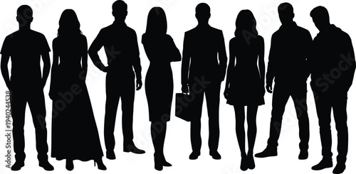WebDiverse group of professional men and women standing together in silhouette, business team collection, casual and formal people vector set.