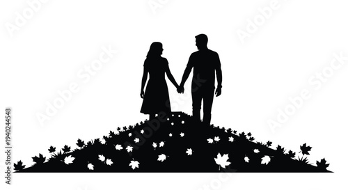 Couple holding hands on a hill a striking black silhouette