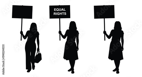 Women protesting for equal rights holding signs black silhouette