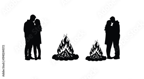 Couple embracing near a campfire romantic evening scene silhouette