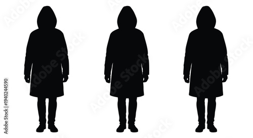 Three figures in hooded coats a stark black silhouette
