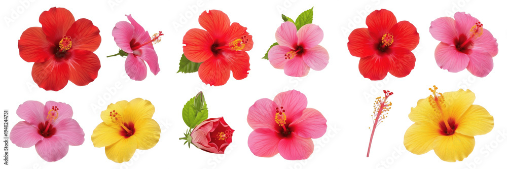 Obraz premium Colorful Hibiscus Flowers Collection Isolated on White Background