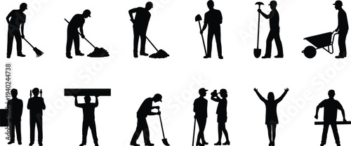 Construction worker silhouettes with shovel rake wheelbarrow tools, builder laborer working set industrial construction workforce isolated black silhouette