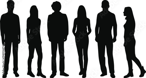 WebGroup of professional men and women standing in a row, diverse people silhouette collection, casual fashion figures isolated on white