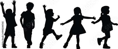WebHappy and active children group silhouette set featuring boys and girls playing, dancing, and jumping on a clean white background.