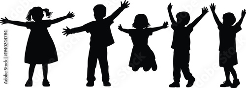 WebHappy and active children group silhouette set featuring boys and girls playing, jumping, and cheering on a clean white background.