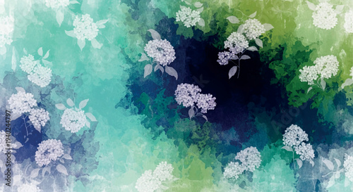 Watercolor floral background with white blooms and turquoise green hues