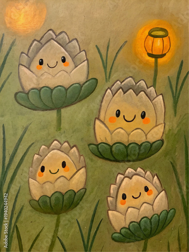 Cute Kawaii Lotus Flowers Holding Lanterns Vesak Day Illustration