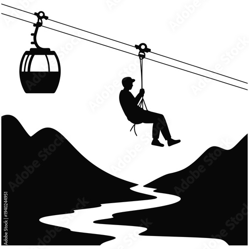 Silhouette of person on zipline above river and mountains