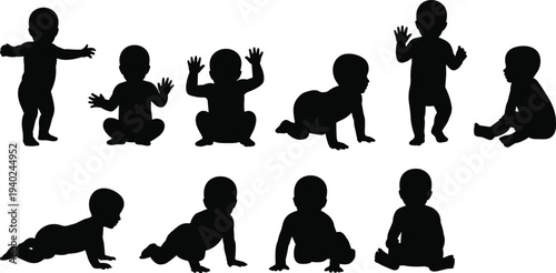 WebMega collection of black silhouettes featuring seagulls in flight, children playing, crawling babies, and diverse female profiles with natural hairstyles.