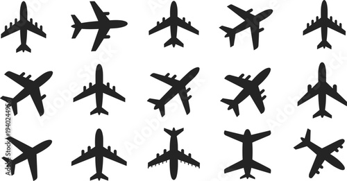 WebSet of airplane silhouette icons, commercial jet flight symbols, passenger aircraft vectors, aviation transport signs, airline travel flying wing elements,