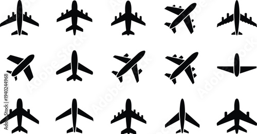 WebSet of airplane silhouette icons, commercial jet flight symbols, passenger aircraft vectors, aviation transport signs, airline travel flying wing elements.