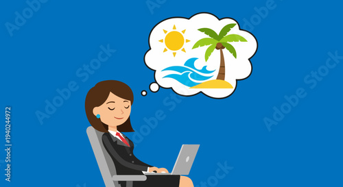 Businesswoman in Suit Daydreaming of Tropical Beach Vacation with Sun, Palm Tree, and Ocean Waves While Working on Laptop Vector Illustration