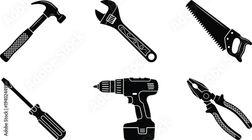 WebSet of black hardware tool silhouettes, hammer, wrench, saw, screwdriver, drill, and pliers icons for construction and home repair works.