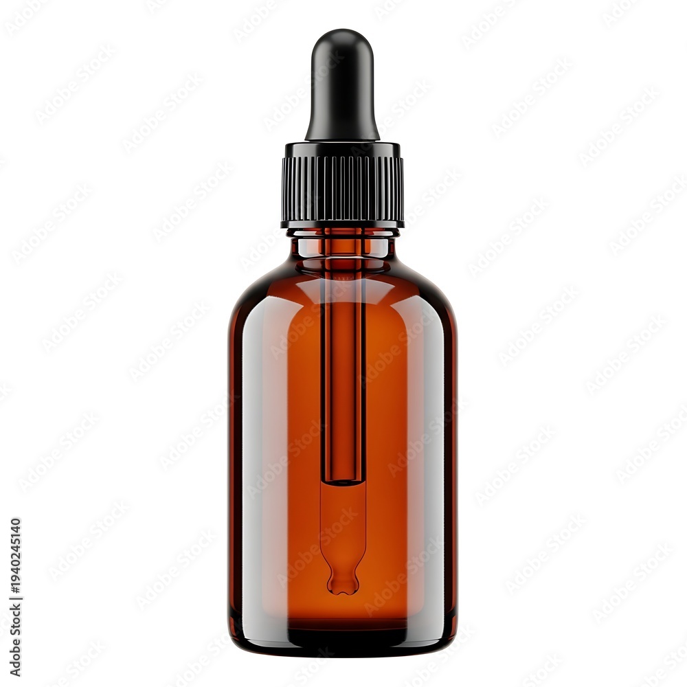 Fototapeta premium Amber glass dropper bottle with black cap and nozzle for essential oils or liquids