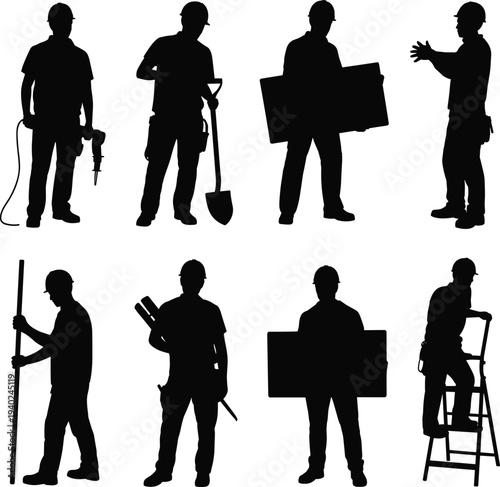 Construction worker silhouettes with tools ladder shovel blueprint set, builder laborer industrial workforce isolated black silhouette collection