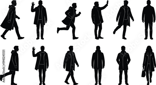 WebSet of people silhouettes wearing winter coats, men and women walking characters, autumn fashion figures, outdoor clothing lifestyle vector elements,
