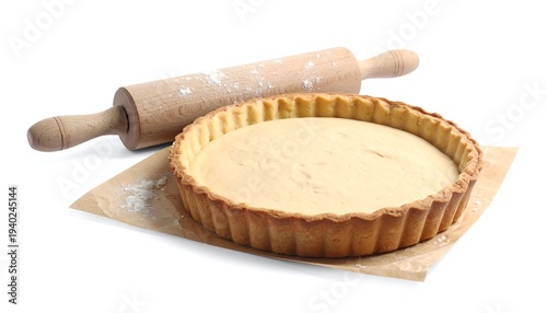 Delicious Homemade Pie with Rolling Pin on White Background.