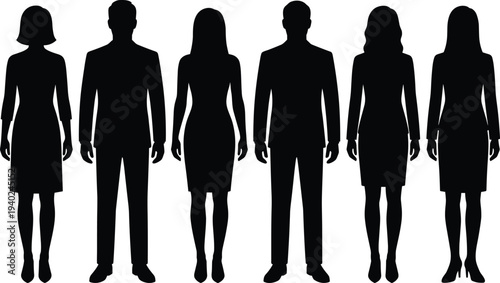 WebSet of professional business people silhouettes, office men and women standing in formal suits, elegant group for corporate team concepts