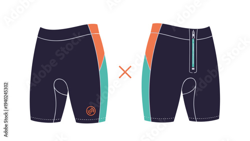 Front and back views of black neoprene wetsuit shorts with orange and turquoise accents for water sports and swimming.