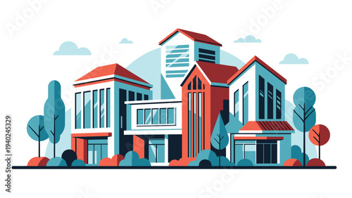 Modern suburban neighborhood featuring contemporary architectural style houses surrounded by lush green trees and soft clouds in the sky.