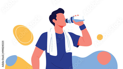 Active man wearing a blue shirt and white towel drinking water from a bottle to stay hydrated after a vigorous workout session.
