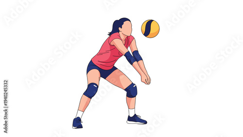 Professional female athlete in a red jersey and blue shorts performing a volleyball serve or bump with focus and athletic precision.